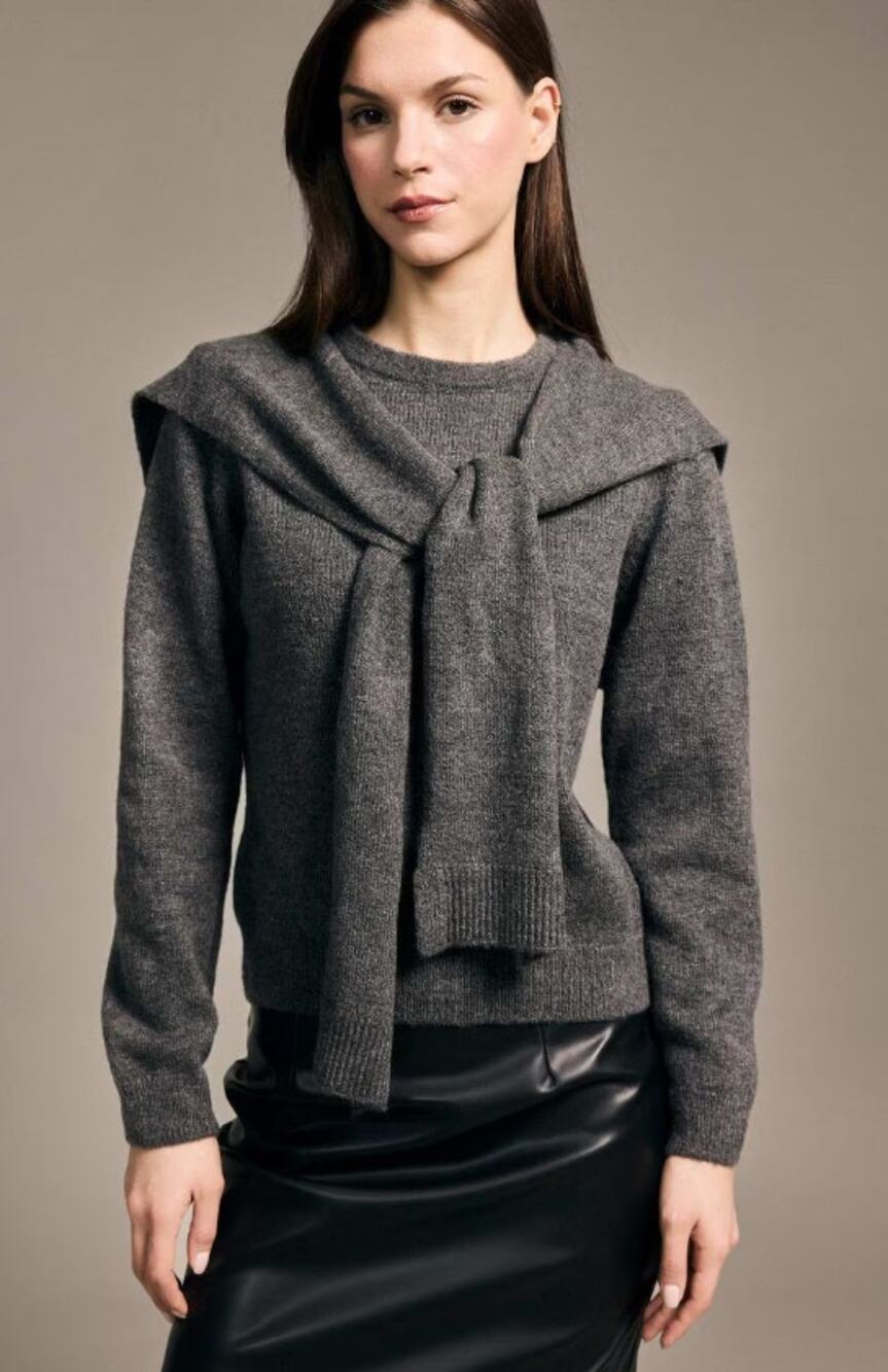 Halogen Shoulder Wrap Detail Sweater Dark Gray Long Sleeve Women's XS